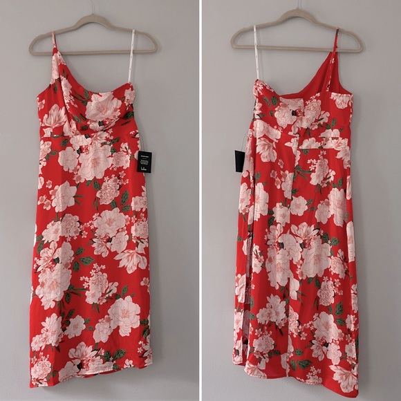NWT Lulu’s truly darling red floral print satin one shoulder midi dress medium - Picture 2 of 4